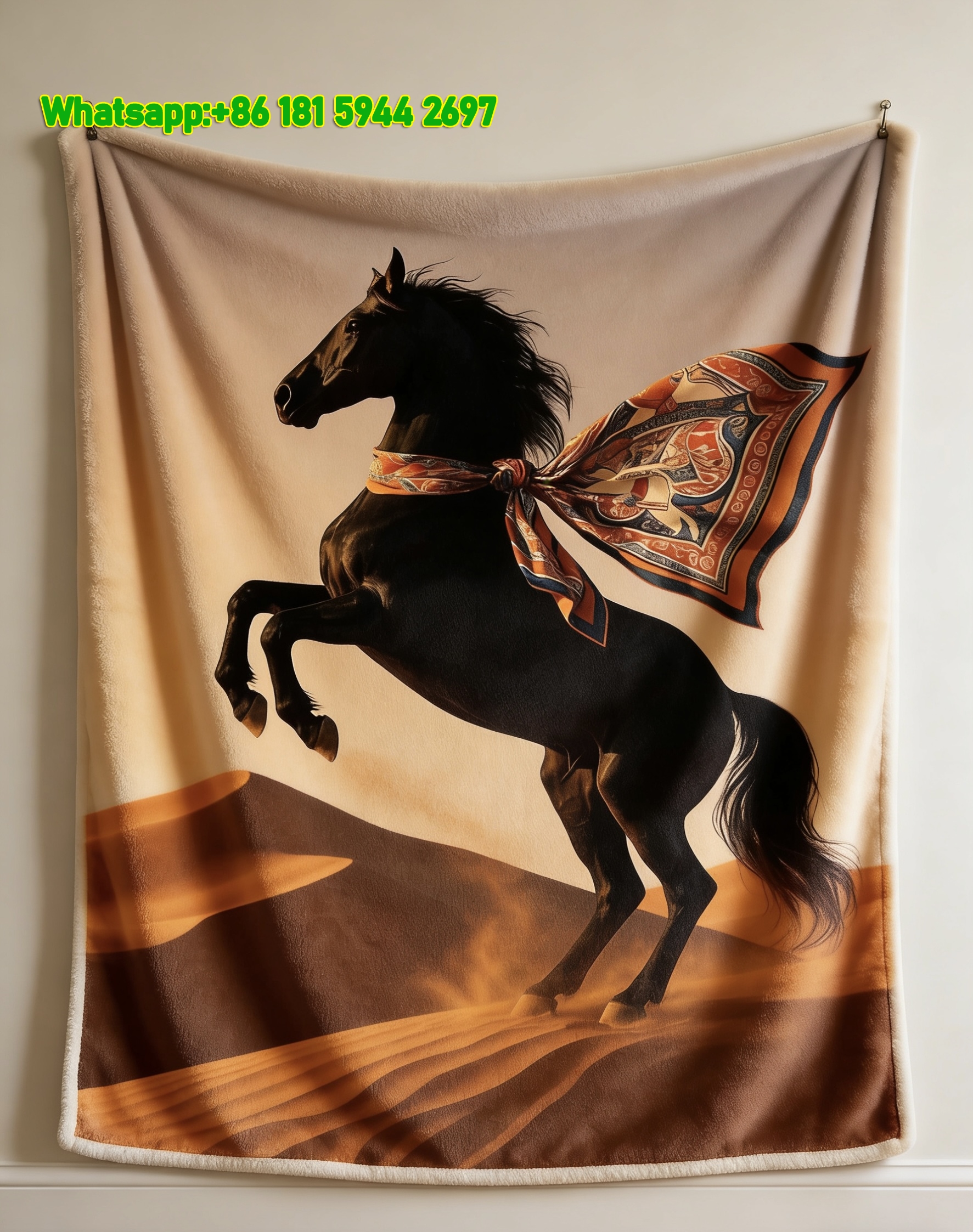 Hermès Luxury Black Horse Desert Scarf Print Flannel Throw Blanket IMG_5181